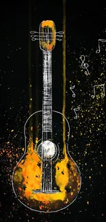 Vibrant guitar artwork with musical notes and colorful splashes on a black background.