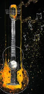 Artistic guitar with vibrant orange notes and black background.