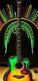 Colorful neon guitar with vibrant lights and intricate design.