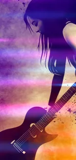 Guitar silhouette in colorful abstract background art.