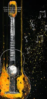 Artistic guitar sketch with musical notes on a vibrant black and orange background.