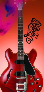 Red electric guitar with Valentine's message on colorful background.