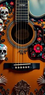 Colorful guitar with skull and floral design on wallpaper.