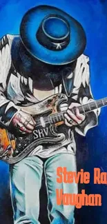 Artistic illustration of a guitarist with blue background.