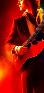 Dynamic guitarist in vibrant red and orange hues with artistic flair.