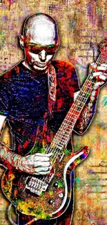 Colorful abstract illustration of a guitarist playing an electric guitar.