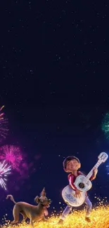 Colorful fireworks and guitarist under a starry night sky in vibrant wallpaper.