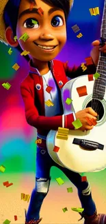 Colorful animated guitarist playing guitar with vibrant background.