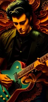 Stylized guitarist with vibrant patterns and bright blue guitar wallpaper.