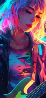 Colorful neon guitarist mobile wallpaper with vibrant artistic style.