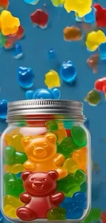 Colorful gummy bear jars with vibrant candies on blue background.