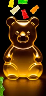 Vibrant gummy bear wallpaper with colorful candies on black background.