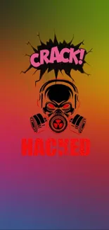 Colorful cracked gas mask with 'Hacked' text on gradient backdrop.