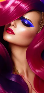 Mobile wallpaper of vibrant magenta hair and blue eye makeup.