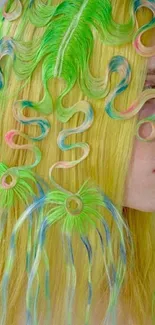 Artistic hair design with neon green highlights.