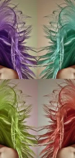 Colorful wallpaper with four vibrant hair sections in purple, teal, lime, and coral.