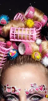 Vibrant hair art with colorful rollers and emojis on a stylish wallpaper.