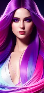 Woman with vibrant purple and pink hair in a digital art style.