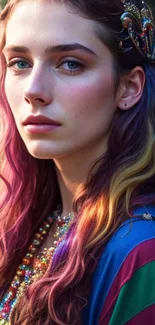 Colorful fashion portrait with vibrant hair hues.