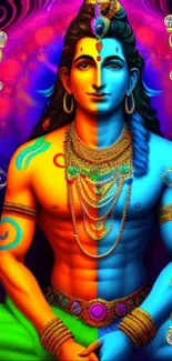 Colorful half-face deity wallpaper with vibrant cultural design.