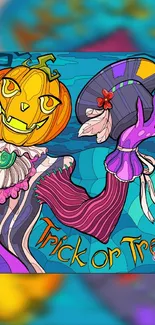 Colorful Halloween wallpaper with pumpkin-headed character and 'Trick or Treat' text.