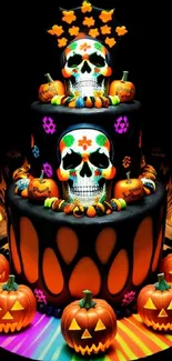 Colorful Halloween cake with skulls and pumpkins on a vibrant background.