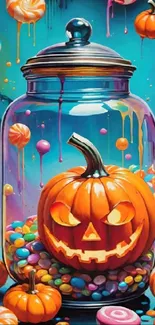 Halloween pumpkin jar with colorful candies.