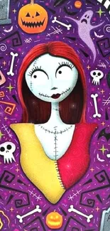 Halloween character with vibrant spooky designs on purple background.