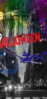 Urban Halloween wallpaper with neon colors and city design.