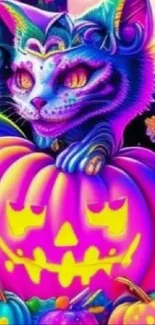 Colorful Halloween mobile wallpaper with neon cat on pumpkin.