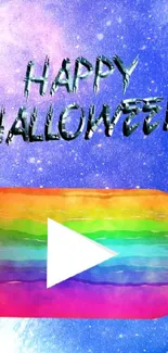 Vibrant Halloween-themed galaxy wallpaper with colorful play button.