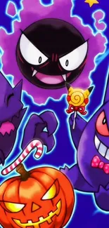 Animated monsters with Halloween pumpkin in purple background.