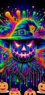 Neon Halloween pumpkin with witch hat in vibrant colors.