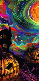 Colorful Halloween scene with pumpkins, a haunted house, and vibrant skies.