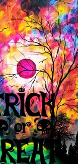 Bright Halloween background with 'Trick or Treat' text and colorful swirls.