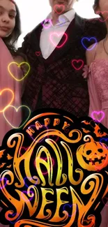 Vibrant Halloween wallpaper with festive design and heart patterns.