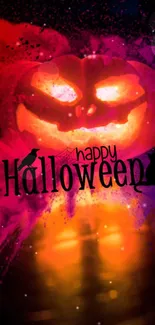 Vibrant Halloween wallpaper with glowing jack-o'-lantern and colorful background.