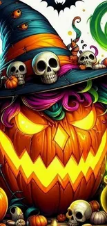 Vibrant Halloween pumpkin with witch hat and skulls.