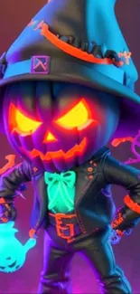 Neon Halloween pumpkin character art with vibrant colors.