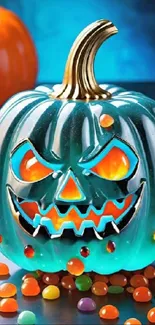 Teal pumpkin with glowing face and colorful candies.