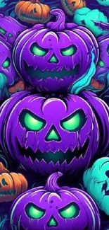 Neon-colored pumpkins with spooky faces illuminate in a vibrant Halloween wallpaper.