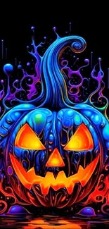 A vibrant psychedelic Halloween pumpkin with glowing features.