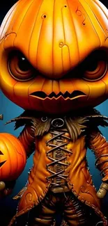 Halloween pumpkin character illustration with vivid orange tones.