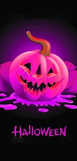 Glowing magenta pumpkin Halloween wallpaper with spooky design.