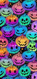 Colorful neon Halloween pumpkin pattern wallpaper.