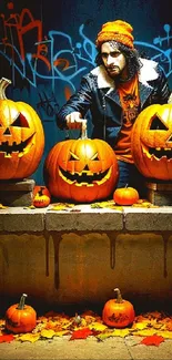 Halloween pumpkins with spooky faces and graffiti background.