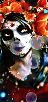 Halloween skull with vibrant flowers and bubbles, ideal for mobile wallpaper.