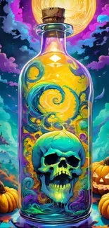 Colorful skull in a mystical bottle with pumpkins and a vibrant landscape.