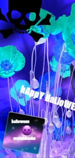 Neon Halloween flowers with skull and text.