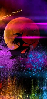 Colorful Halloween witch flying wallpaper.